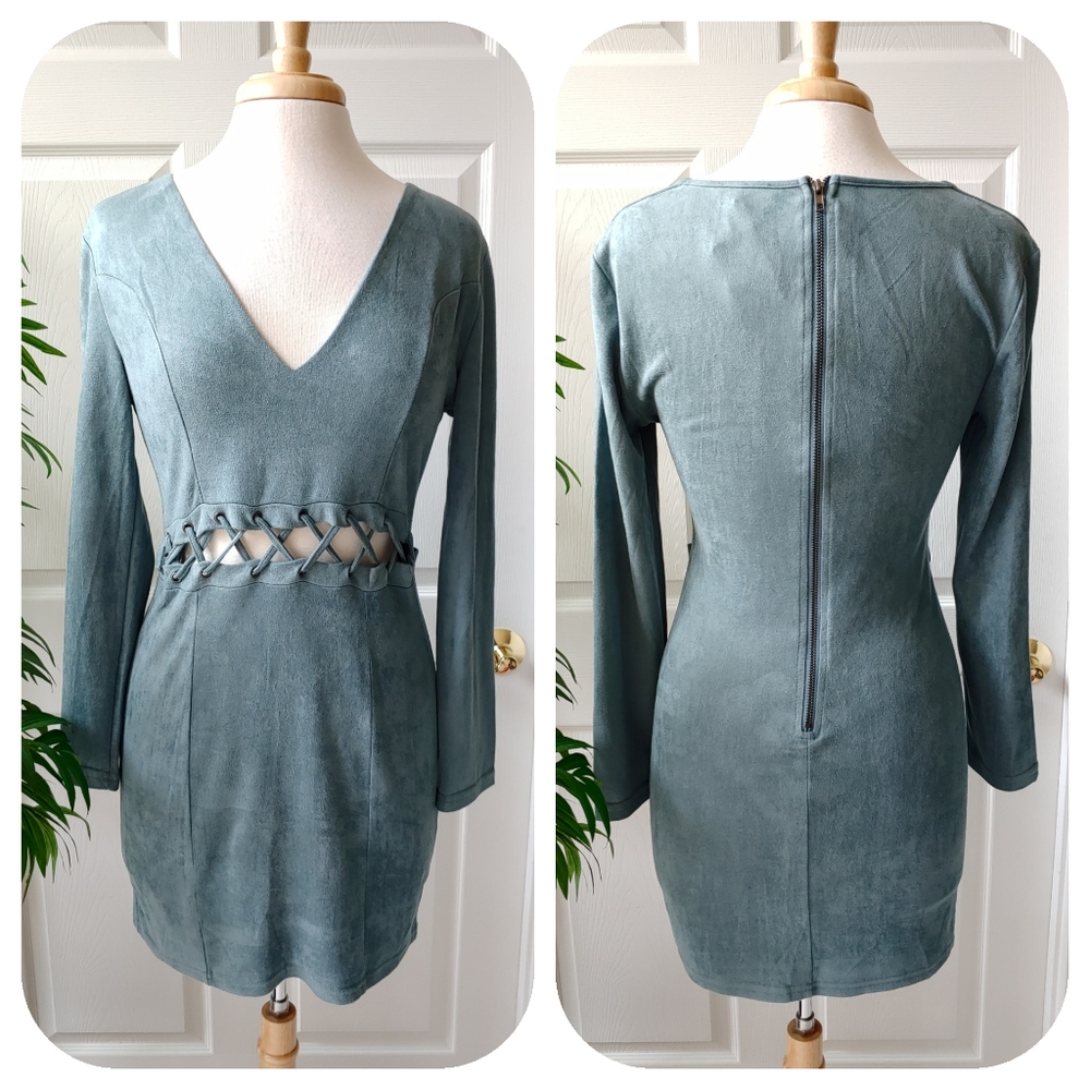 Charlotte Russe Suede Cutout Lace Up Long Sleeve Mini Dress Grey Blue Medium